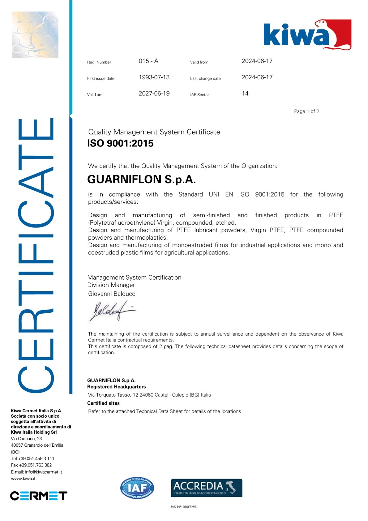 ISO 9001-2015 Guarniflon Sertifika